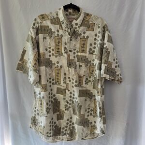 Woolrich 100% Cotton Made In USA Outdoor Nature Fishing Lure Print Button Down
